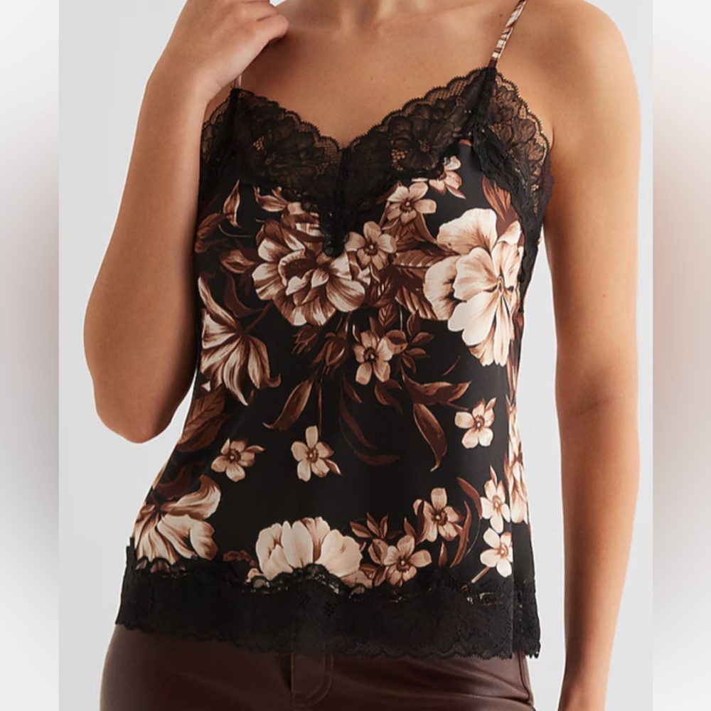 Brand New Express Satin Floral Lace Trim V-Neck Downtown Cami